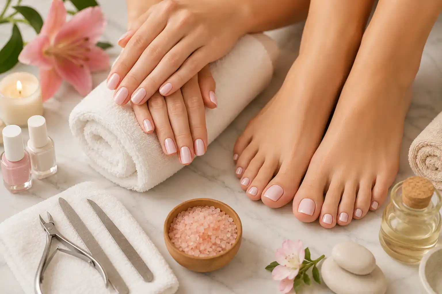 Professional manicure and pedicure treatment with beautifully groomed hands and feet in a luxury salon